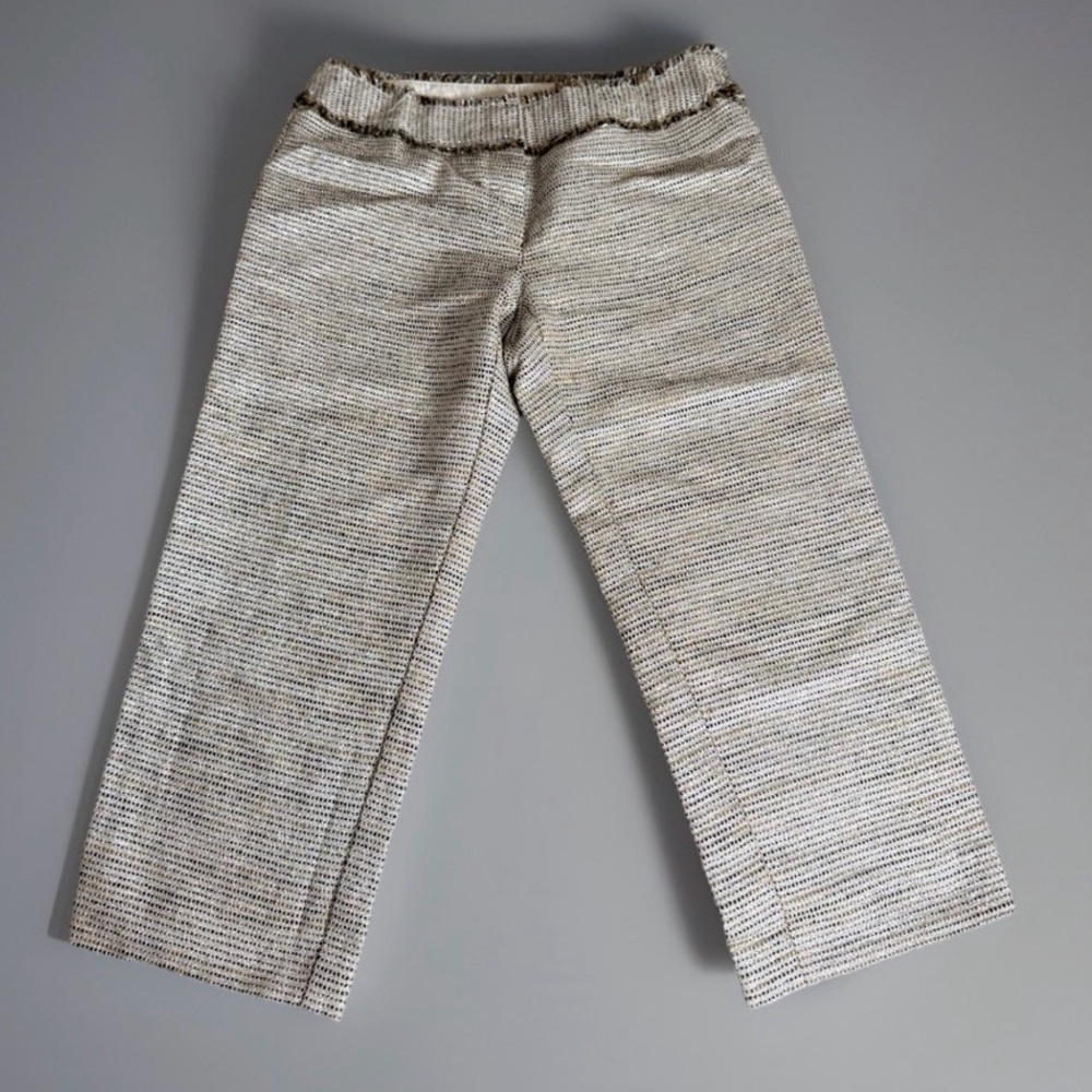 Trina Turk Womens Cropped Pants Sz 6 Silver Brown Mid Rise Fringe Cotton Blend